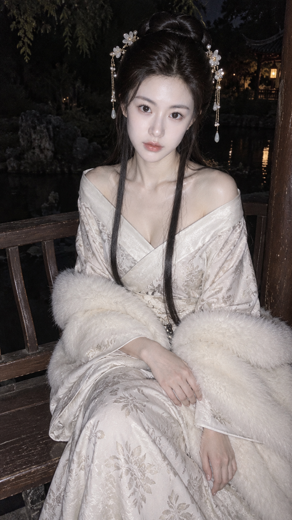 深夜古园中的成年女子与白绒披肩