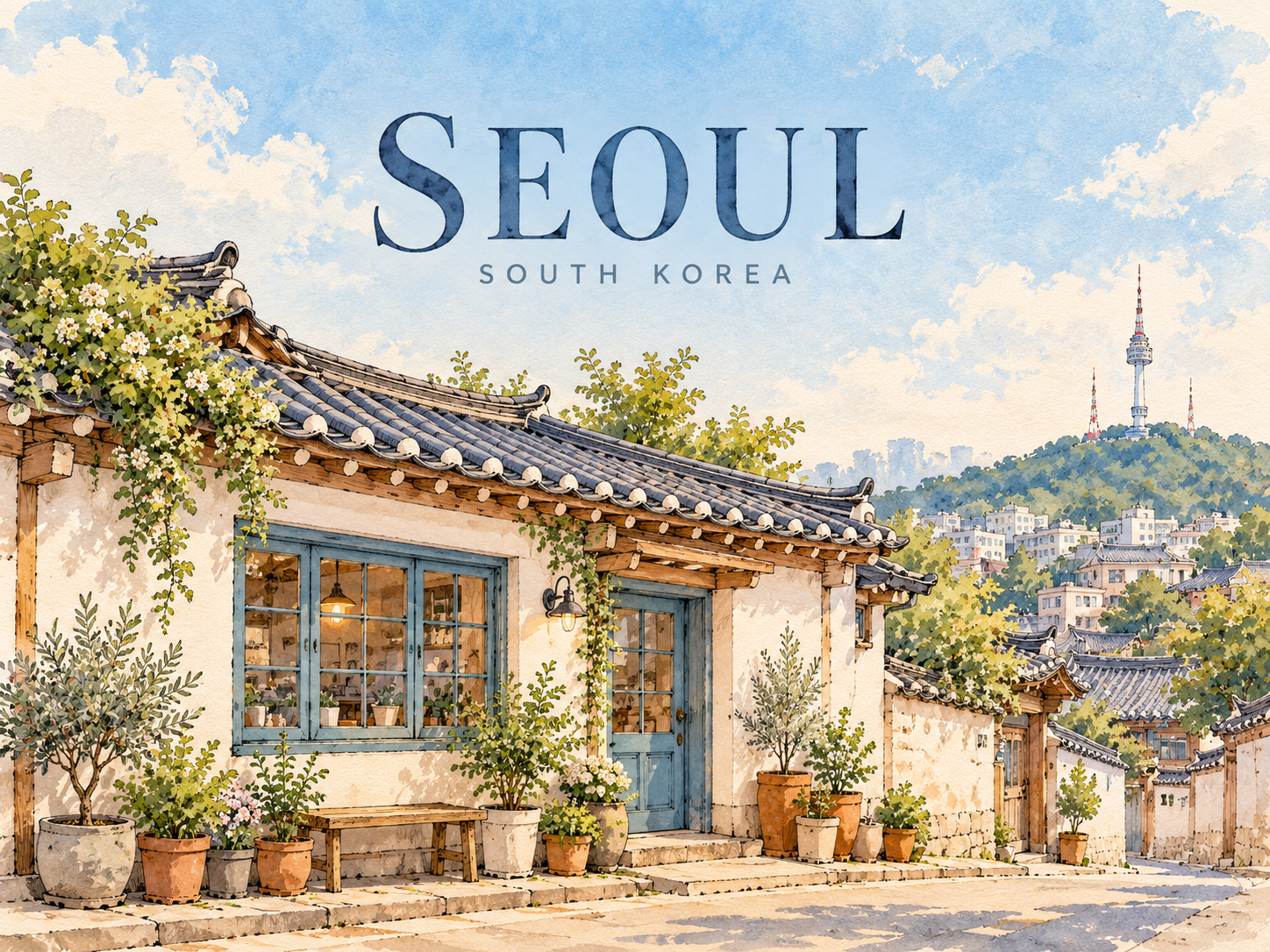 首尔街边小屋水彩旅行海报