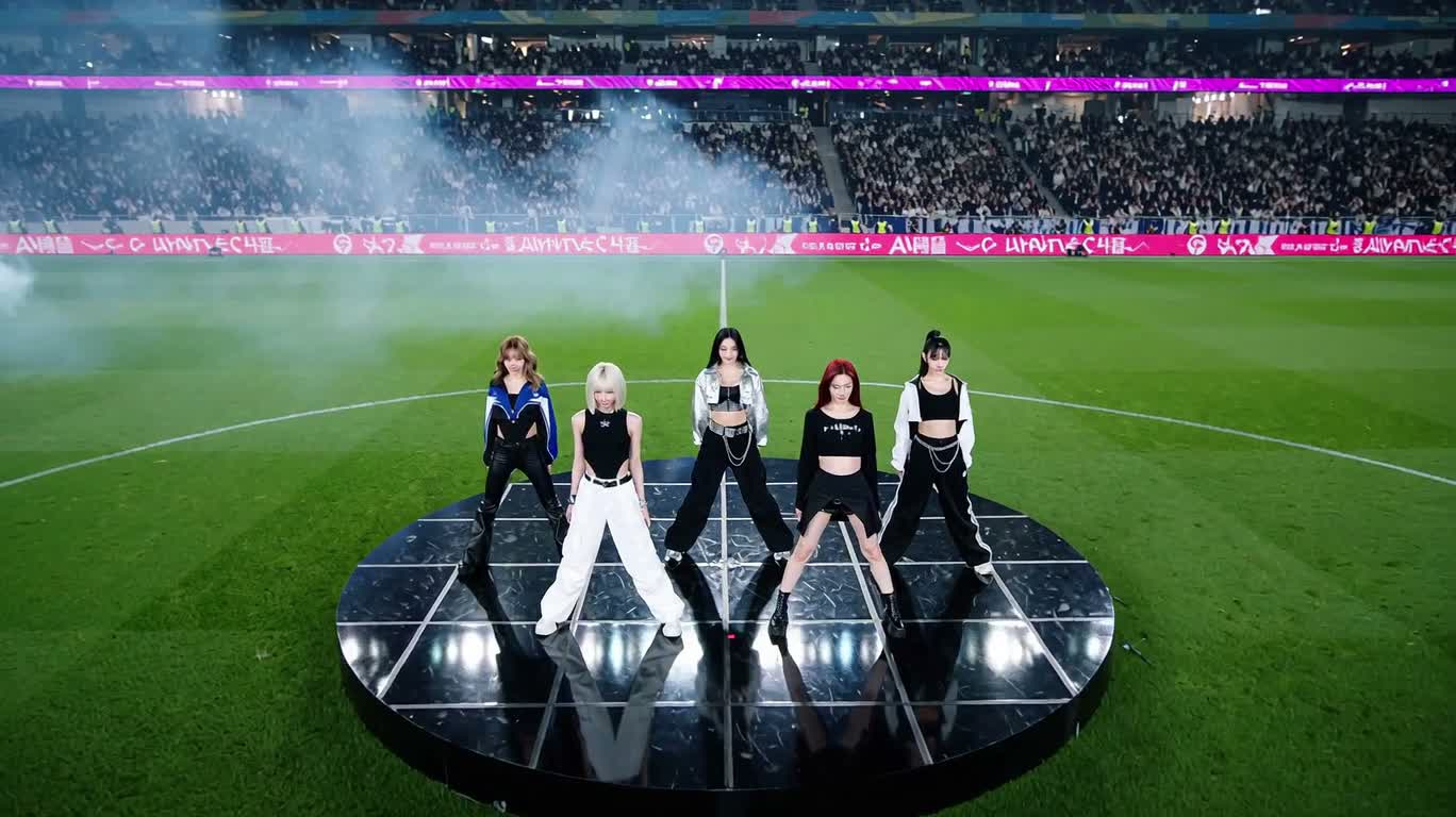 Spectacle de danse synchronisée à cinq sous les lumières du stade