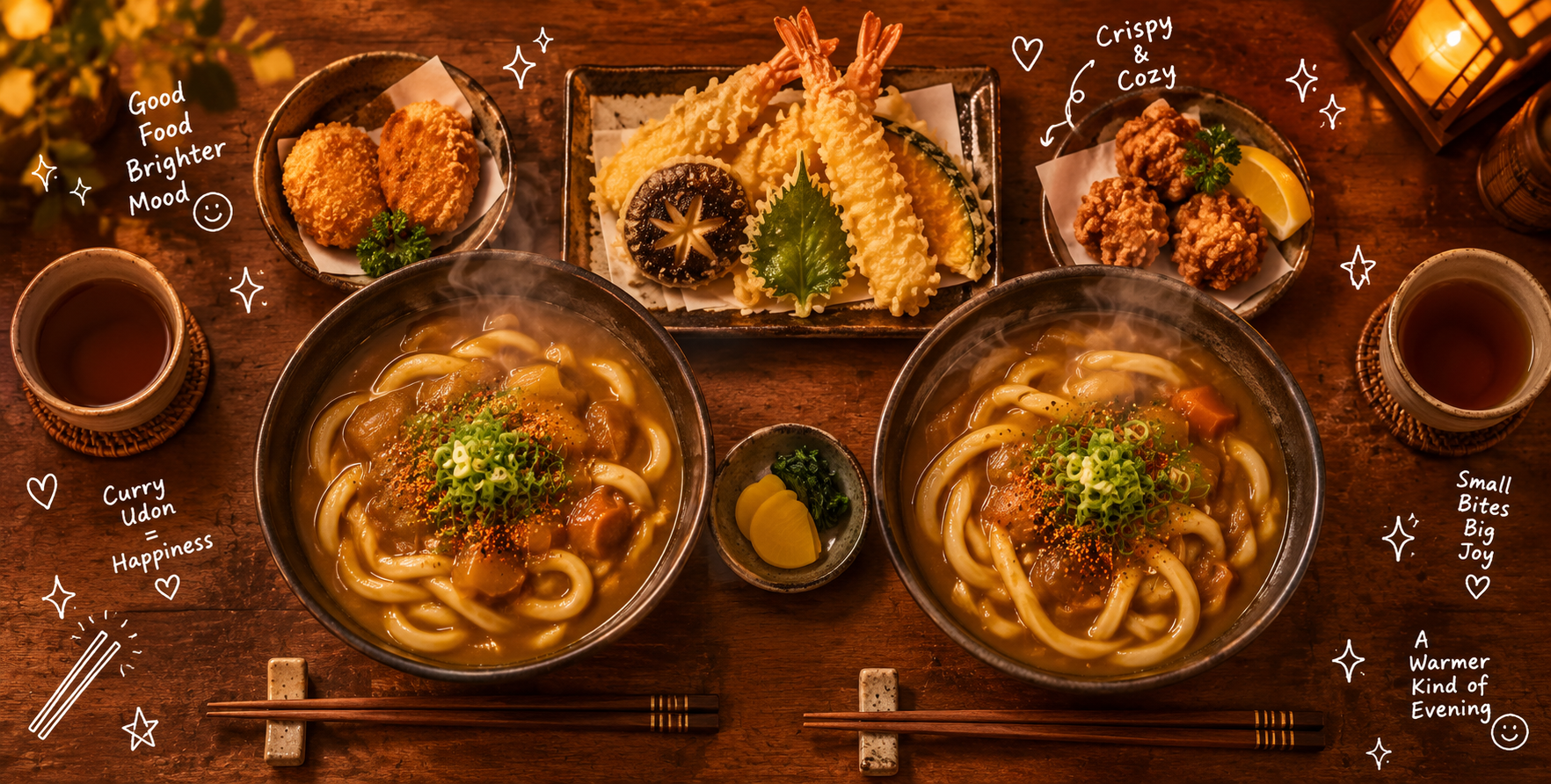 俯瞰シネマティックな日本式カレーうどん手帳落書きフードフォト