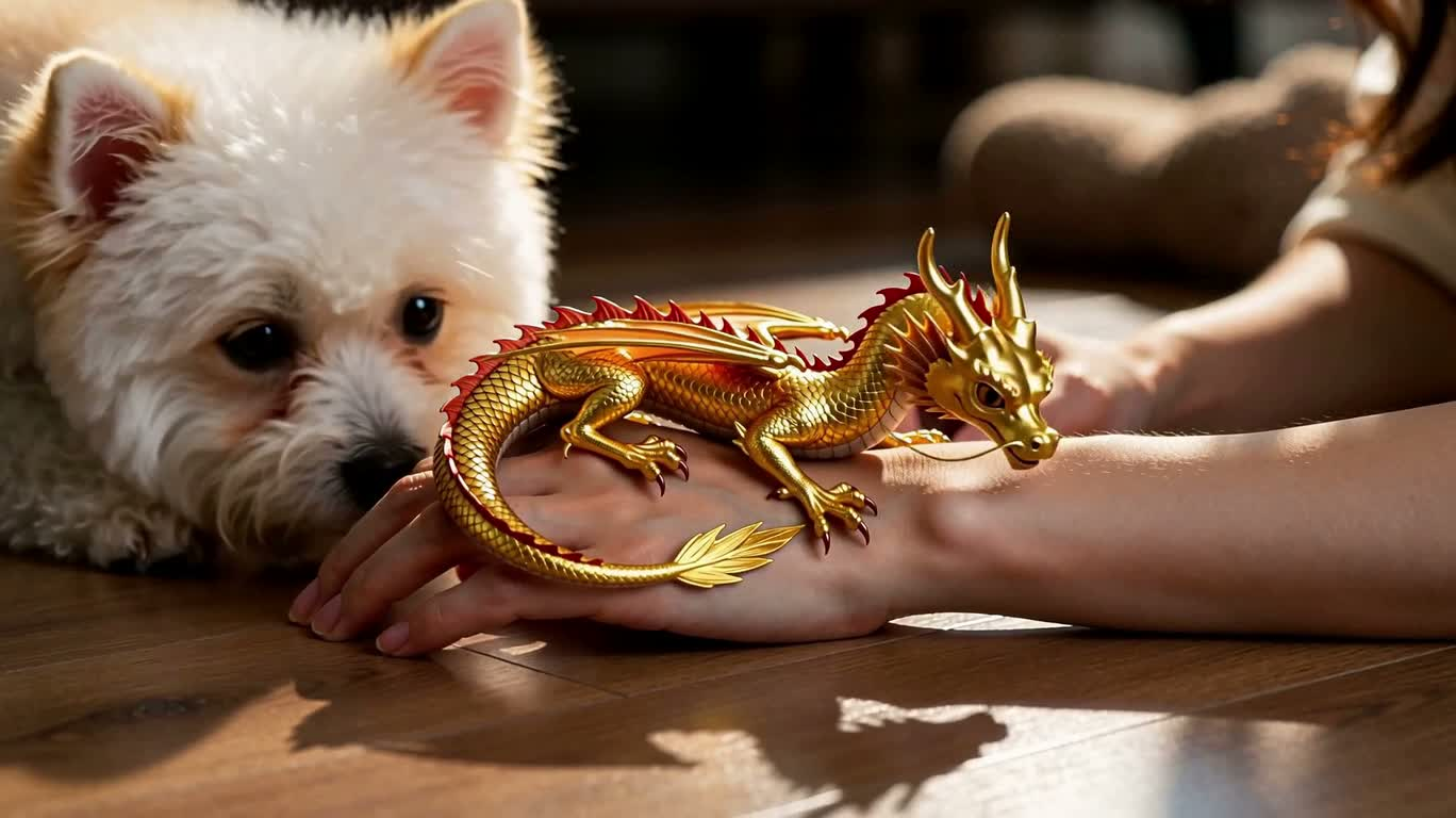 Тёплая игра золотого дракончика и белого померанца