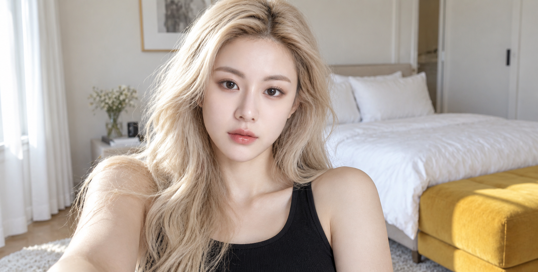 부드러운 침실 햇살 속 성인 여성의 셀프 초상