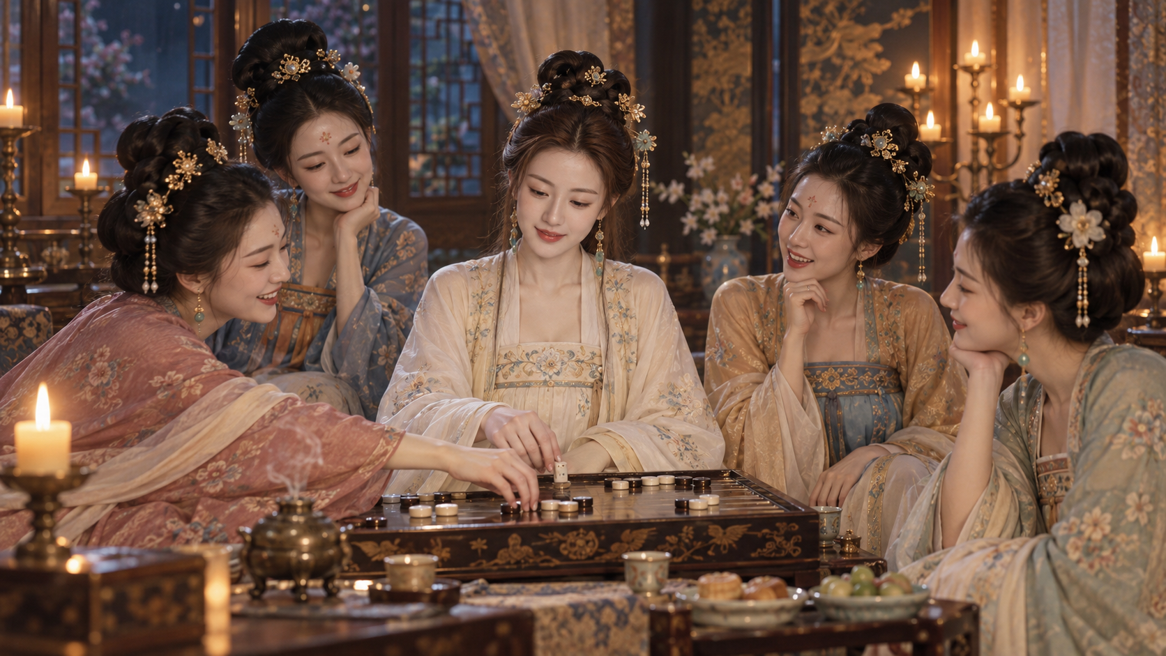 Candlelit Tang-era shuanglu gathering