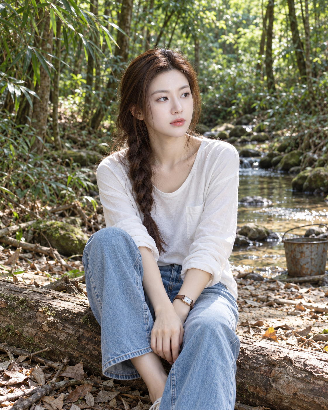 Portrait of a Woman Sitting by a Forest Stream