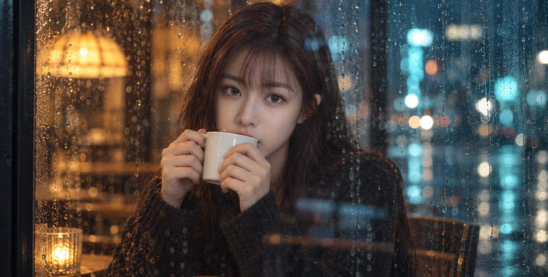 雨の夜、カフェの窓辺のシネマティックなポートレート