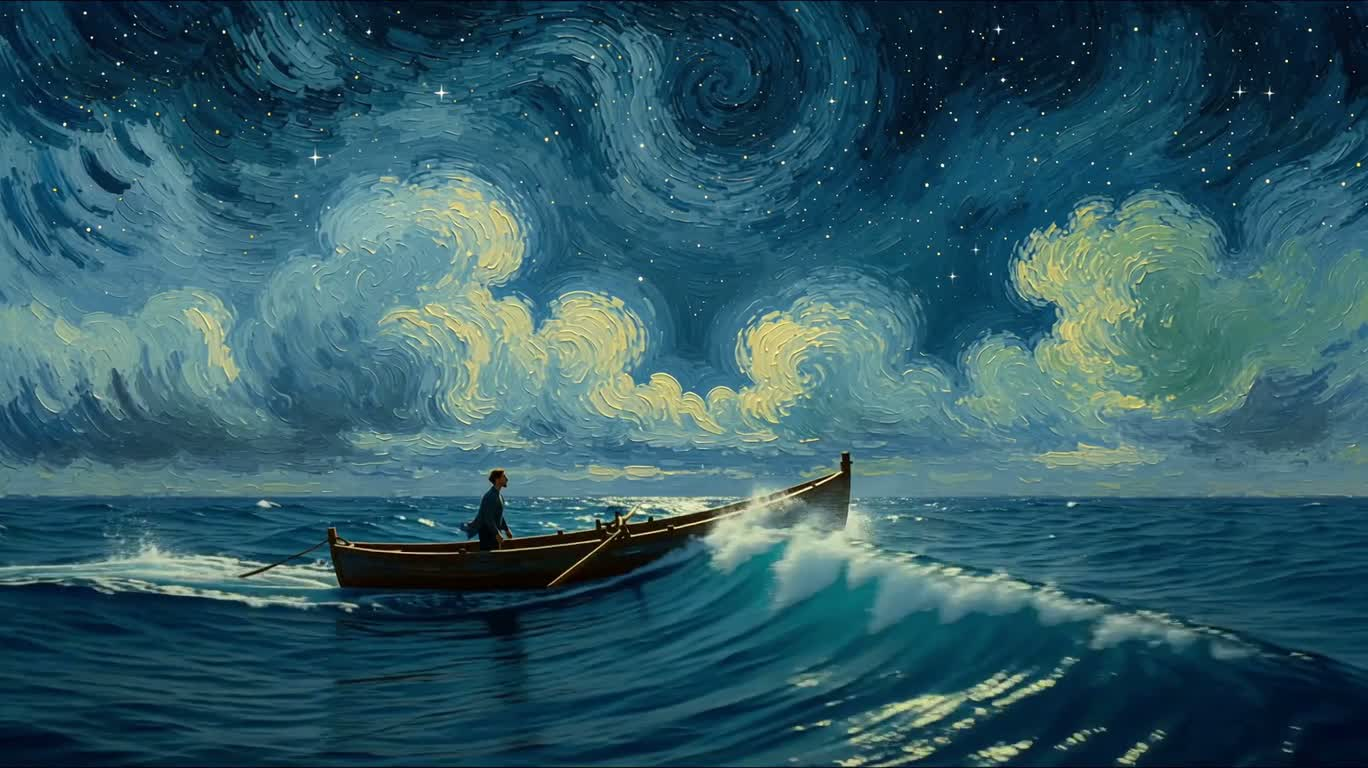 星夜のうねる波に浮かぶ孤舟