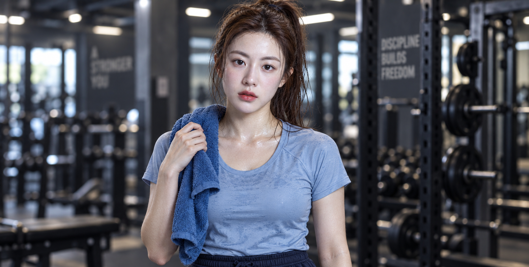 피트니스 훈련 후 땀 흘리는 성인 여성 초상화
