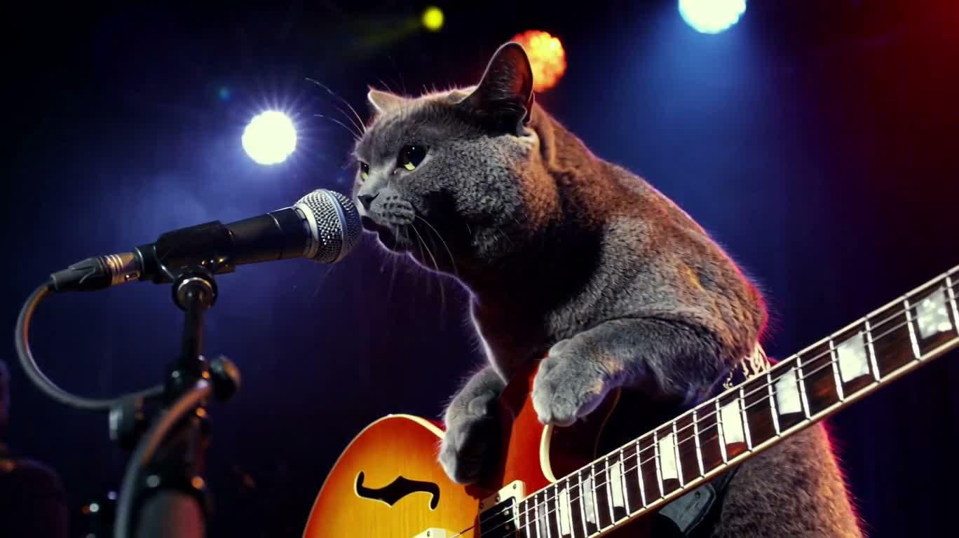 Chartreux Cat Playing Guitar on Stage