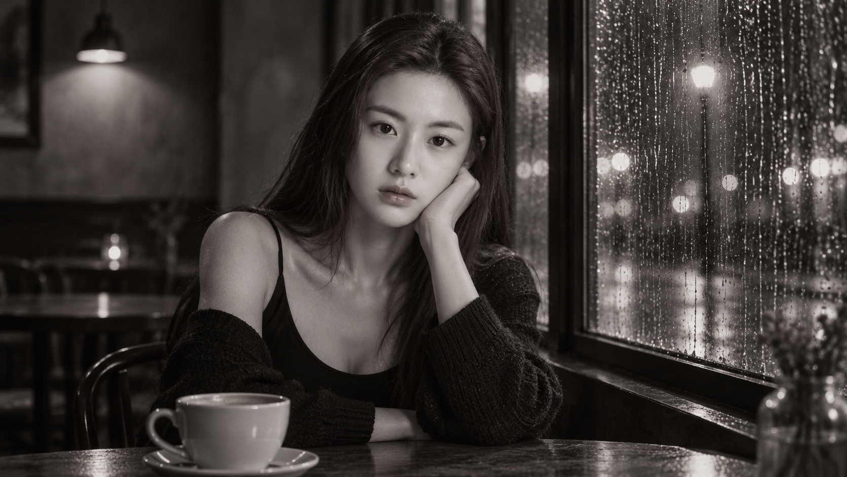 Cô gái ngồi một mình trong quán cà phê đêm mưa, ánh sáng đen trắng đậm chất điện ảnh — AI image creation