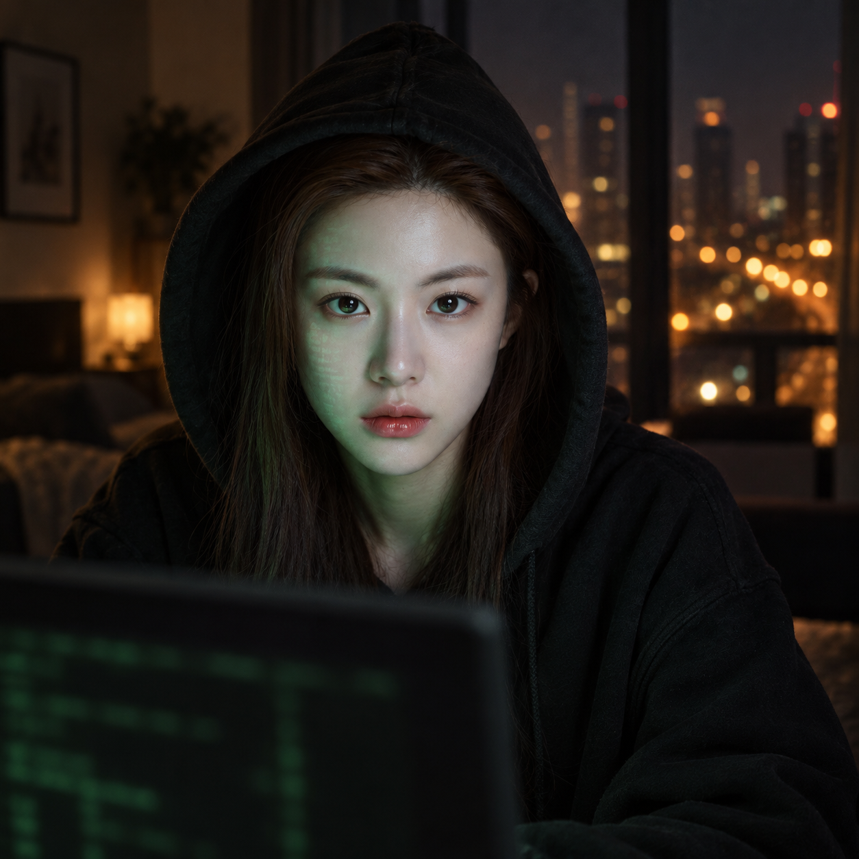绿色屏幕光下的都市悬疑人像 — AI image creation