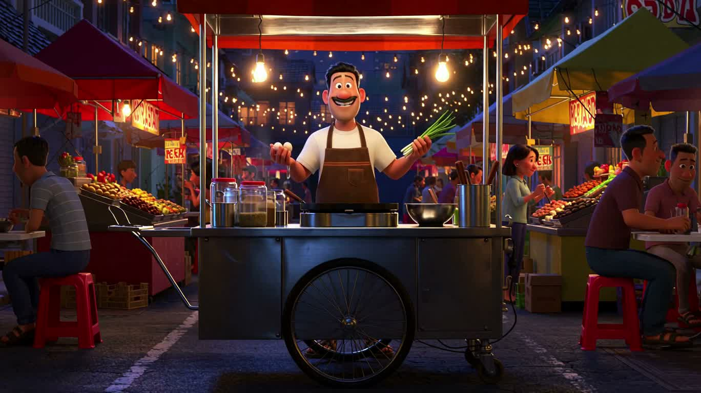 Vendeur de marché nocturne préparant une crêpe croustillante au bœuf et à l'œuf