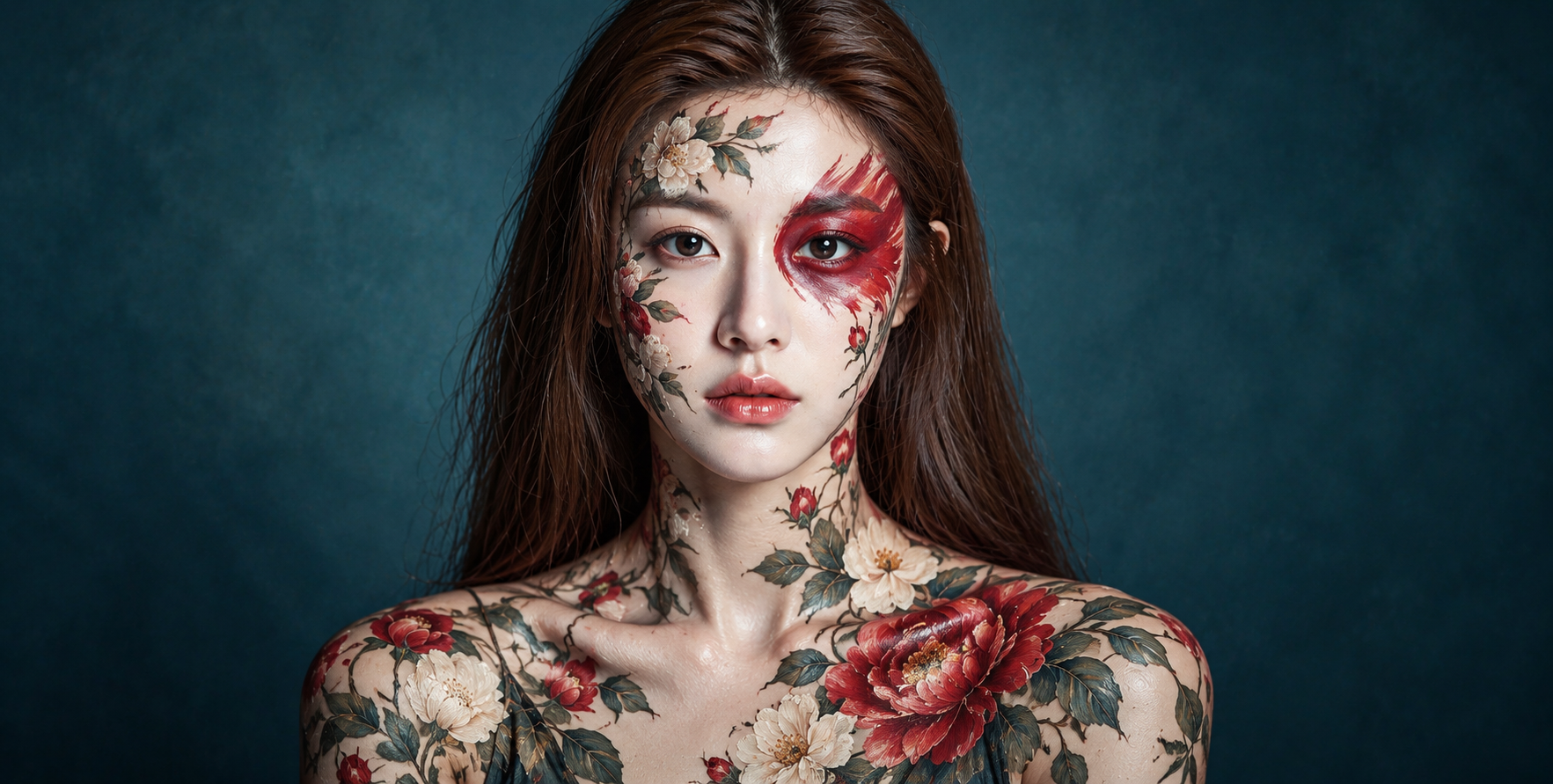 花に覆われた肌のシネマティックアートポートレート