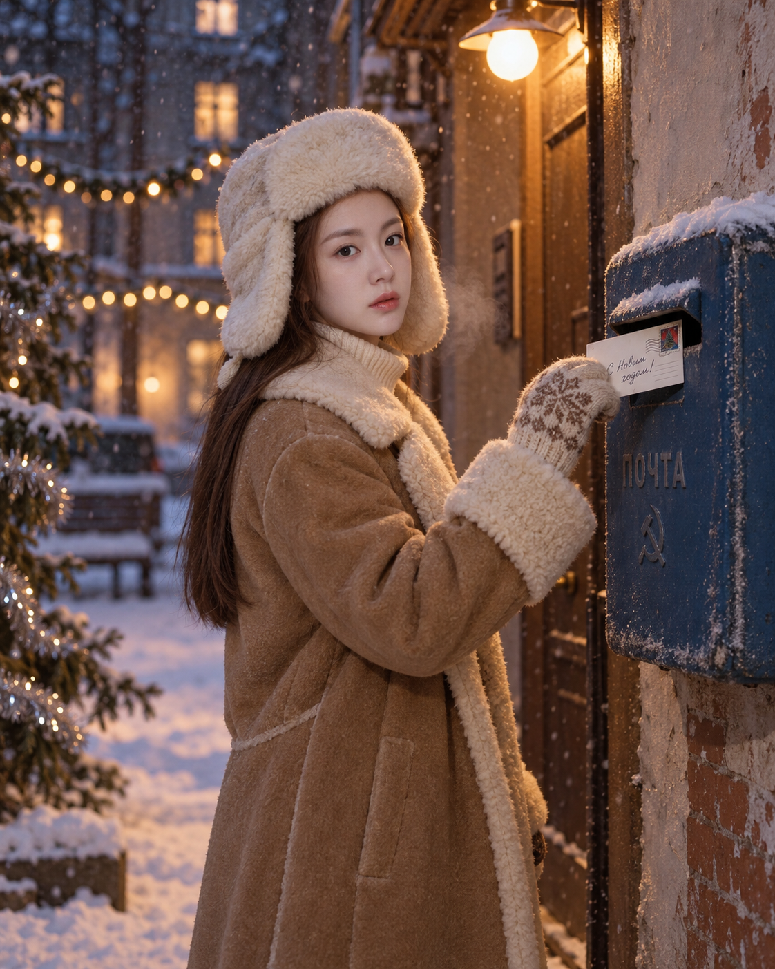 雪夜邮筒投递新年明信片 — AI image creation