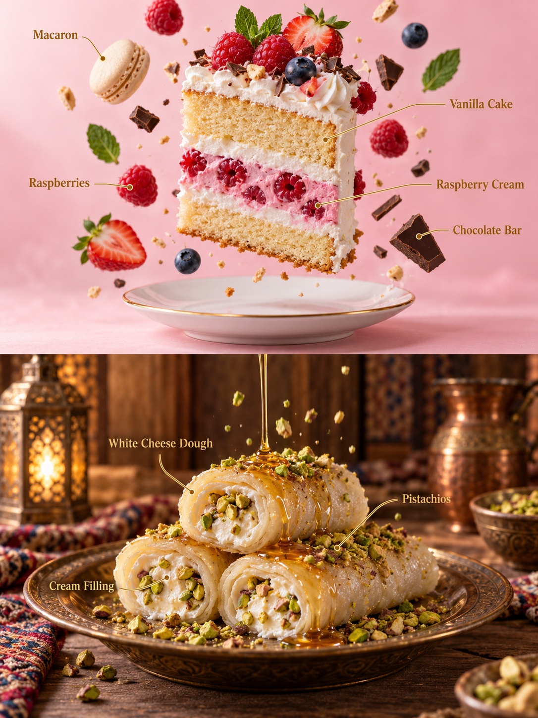 金糸の浮かぶケーキとシリア菓子のインフォグラフィック