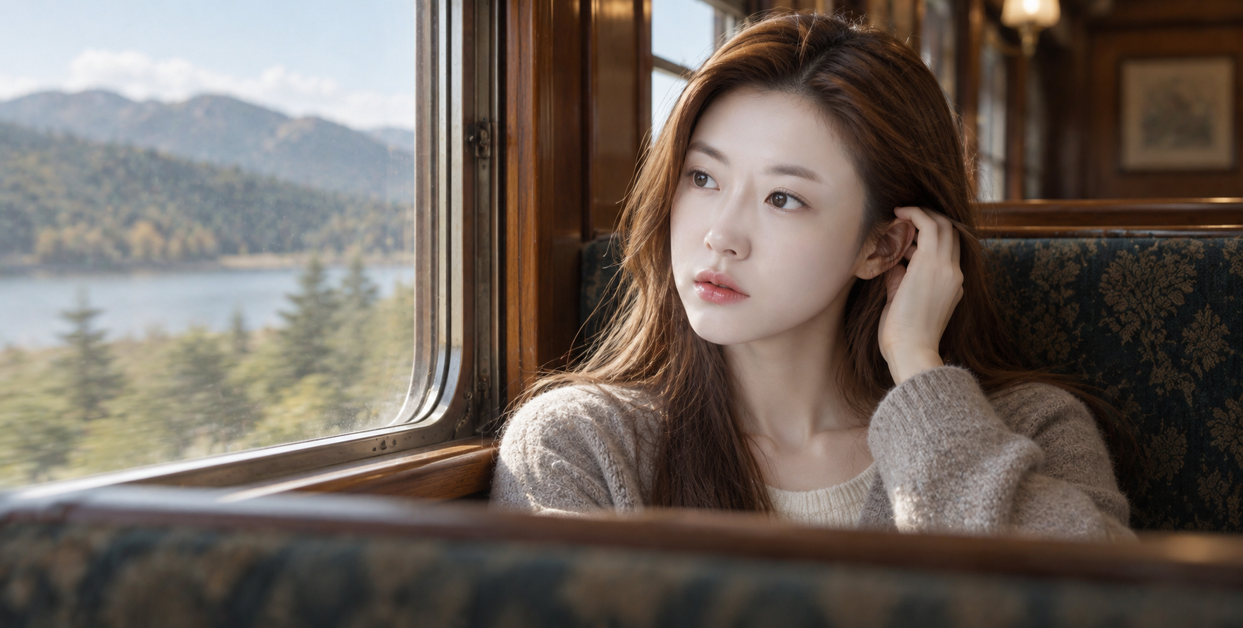 Chân dung người phụ nữ trưởng thành vừa tỉnh giấc sau giấc ngủ chợp mắt bên cửa sổ tàu cũ