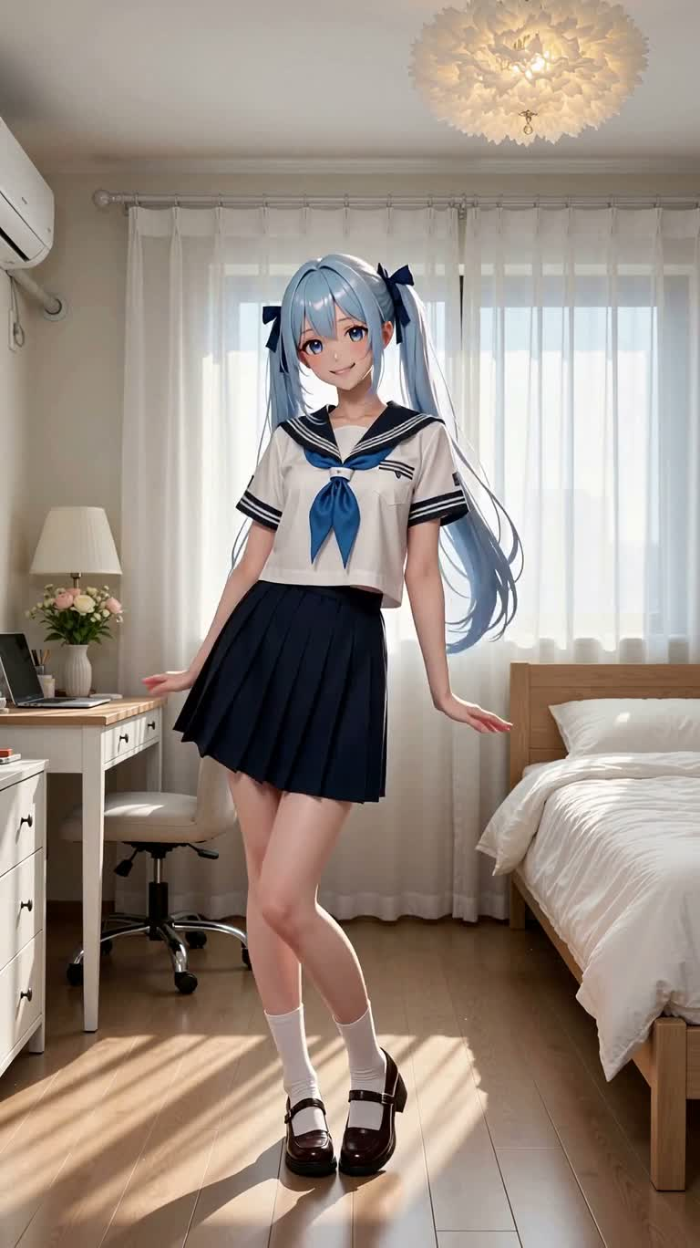 Pas de danse en uniforme marin aux cheveux bleus dans une chambre baignée de lumière matinale
