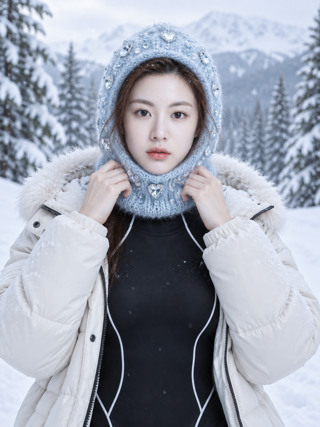 雪林中的水晶针织头罩与冬日时尚人像