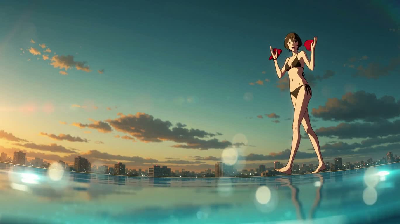 Regard et éclaboussures au bord de la piscine au crépuscule