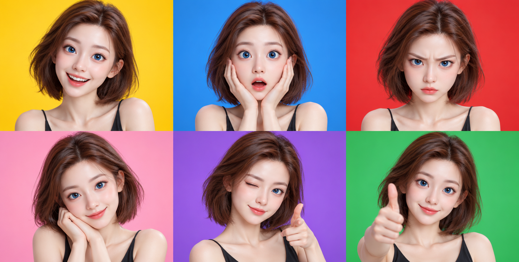 Ensemble d'expressions en grille de six d'une fille en animation 3D originale — AI image creation