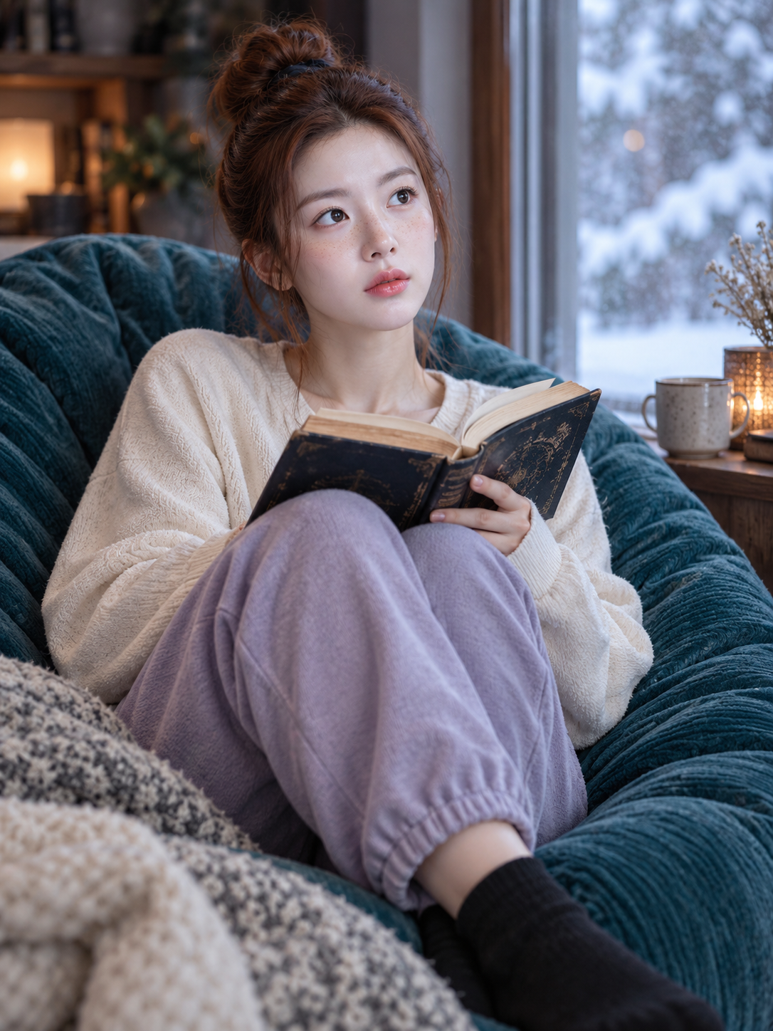 青绿色懒人沙发上的红发成年女性冬日阅读