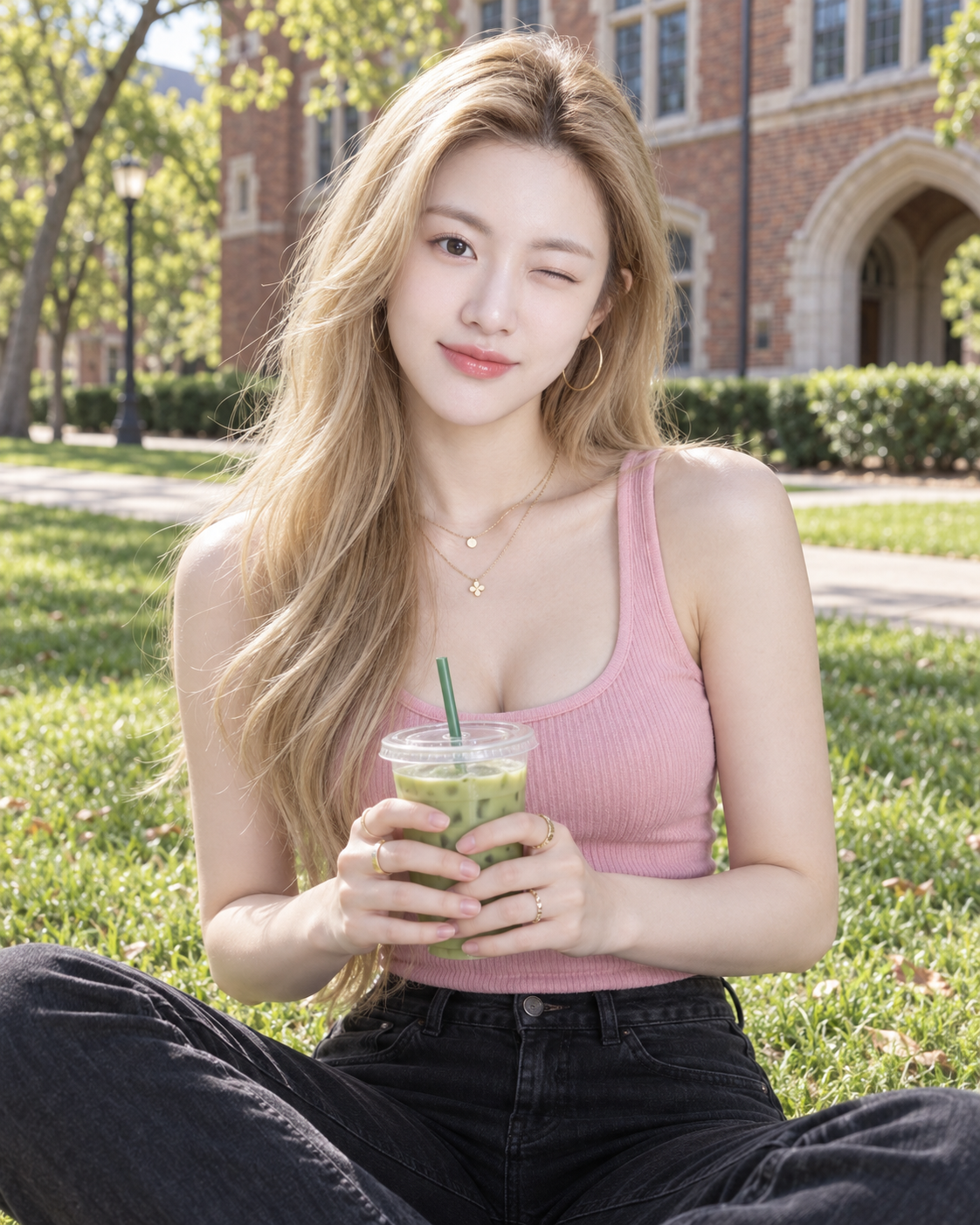 成年女性校园草坪冰饮生活方式人像