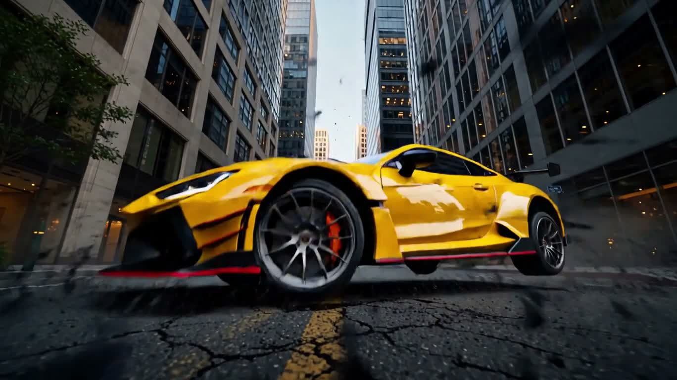 黄色跑车的极限城市与荒野竞速广告 — AI video creation