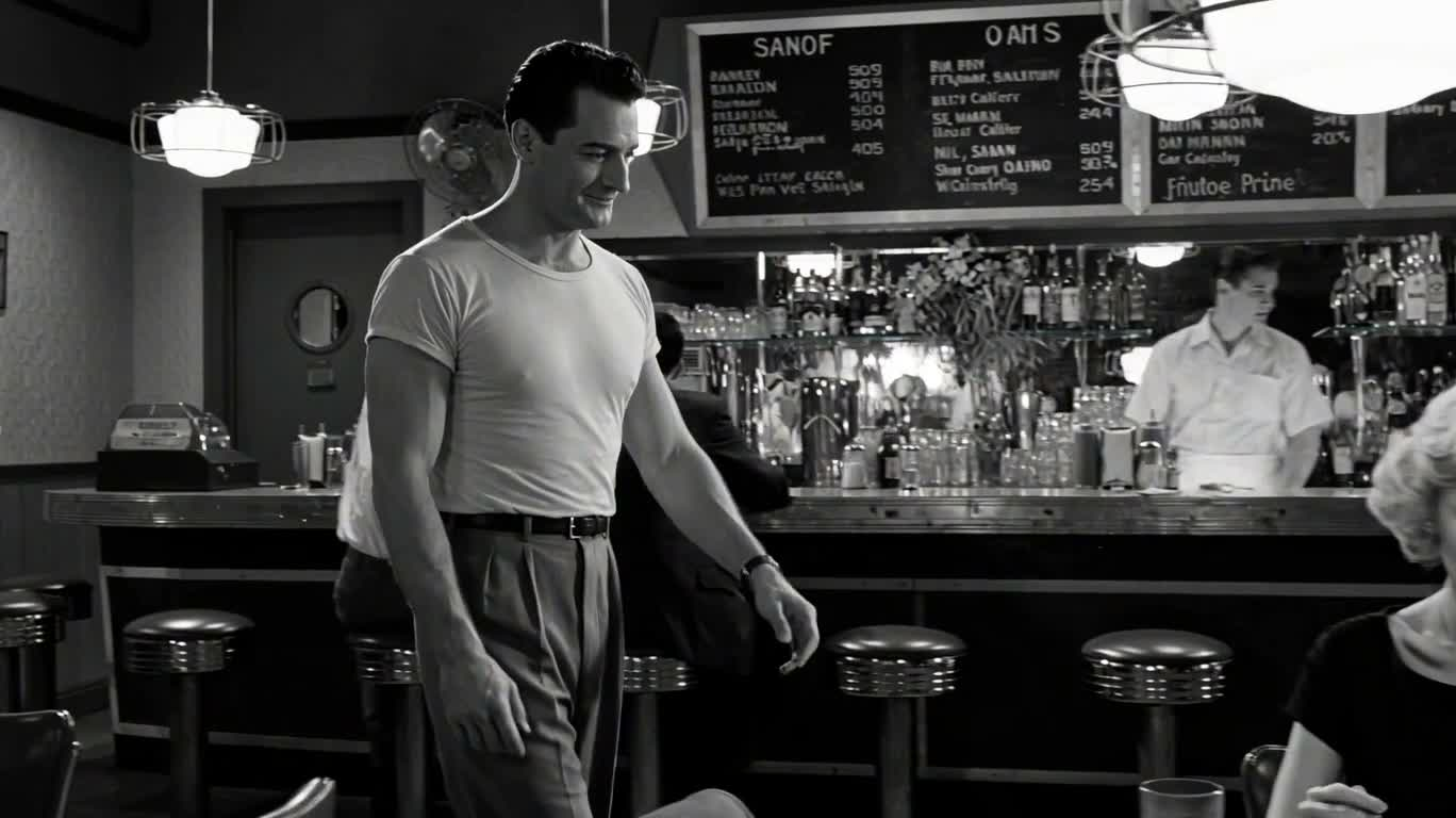 モノクロ映画風 1950年代のダイナーでの出会い — AI video creation