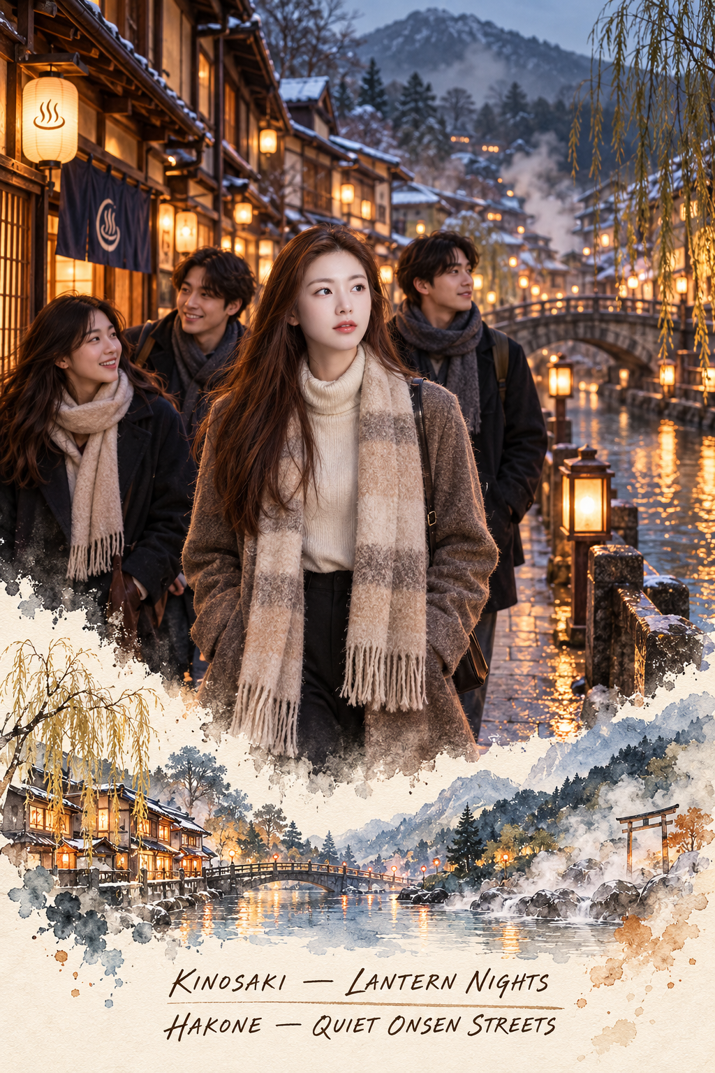 Áp phích du lịch màu nước cổ điển phố suối nước nóng Kinosaki Hakone — AI image creation