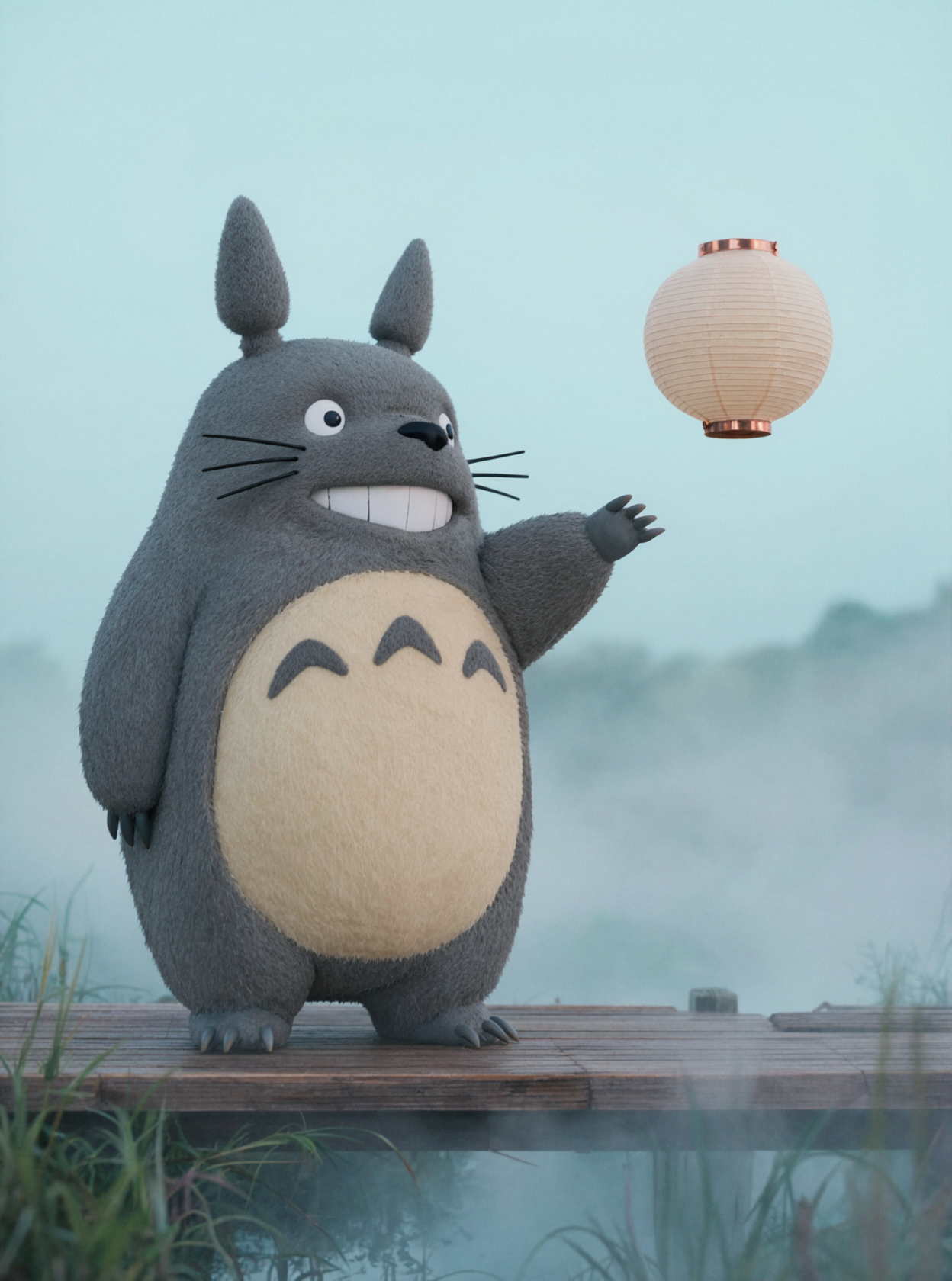Totoro · Đèn giấy trong gió · Bình minh sương mù — AI image creation