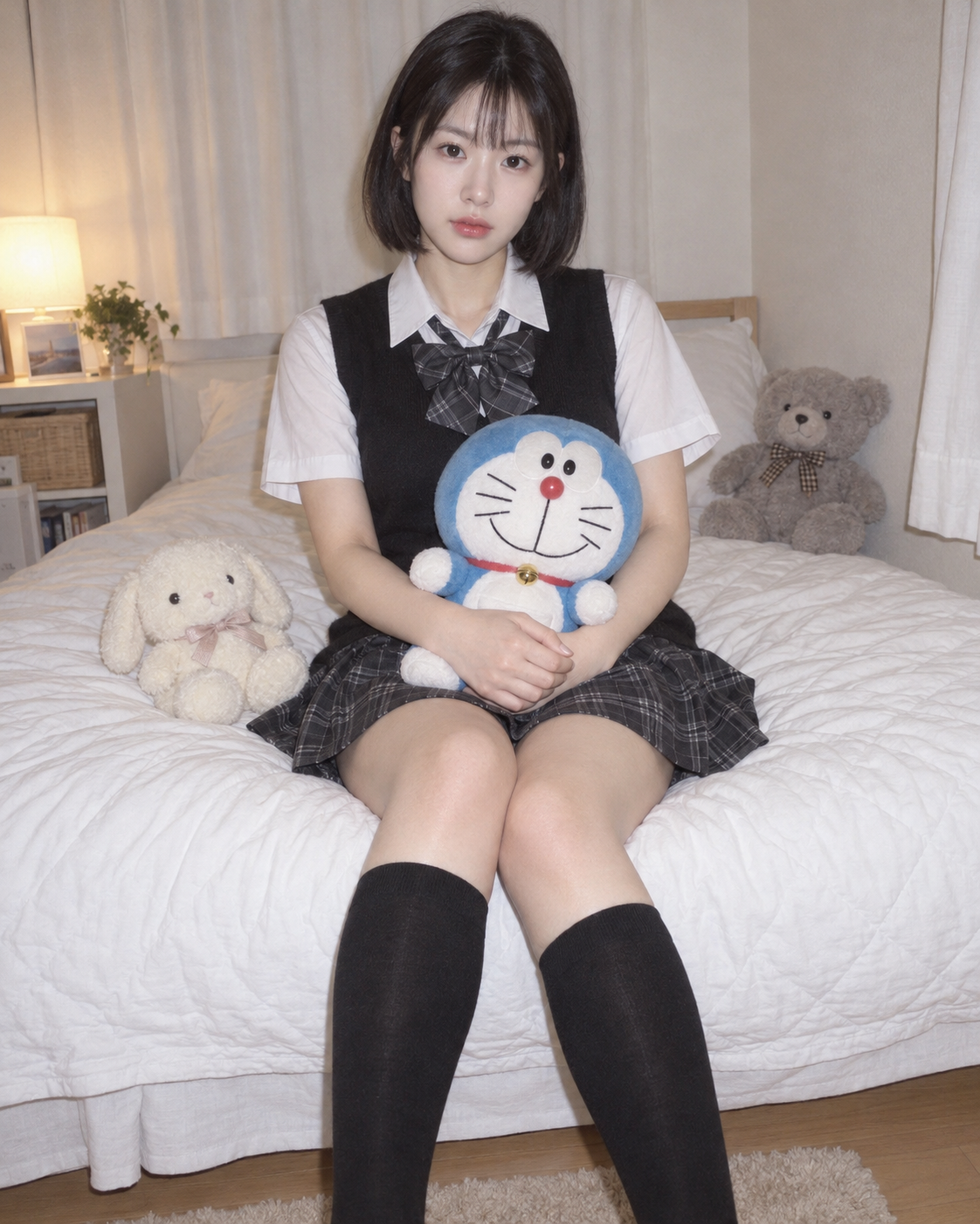 침대 옆 빈티지 디지털 카메라를 든 성인 동아시아 여성의 프레피 스타일 인물 사진