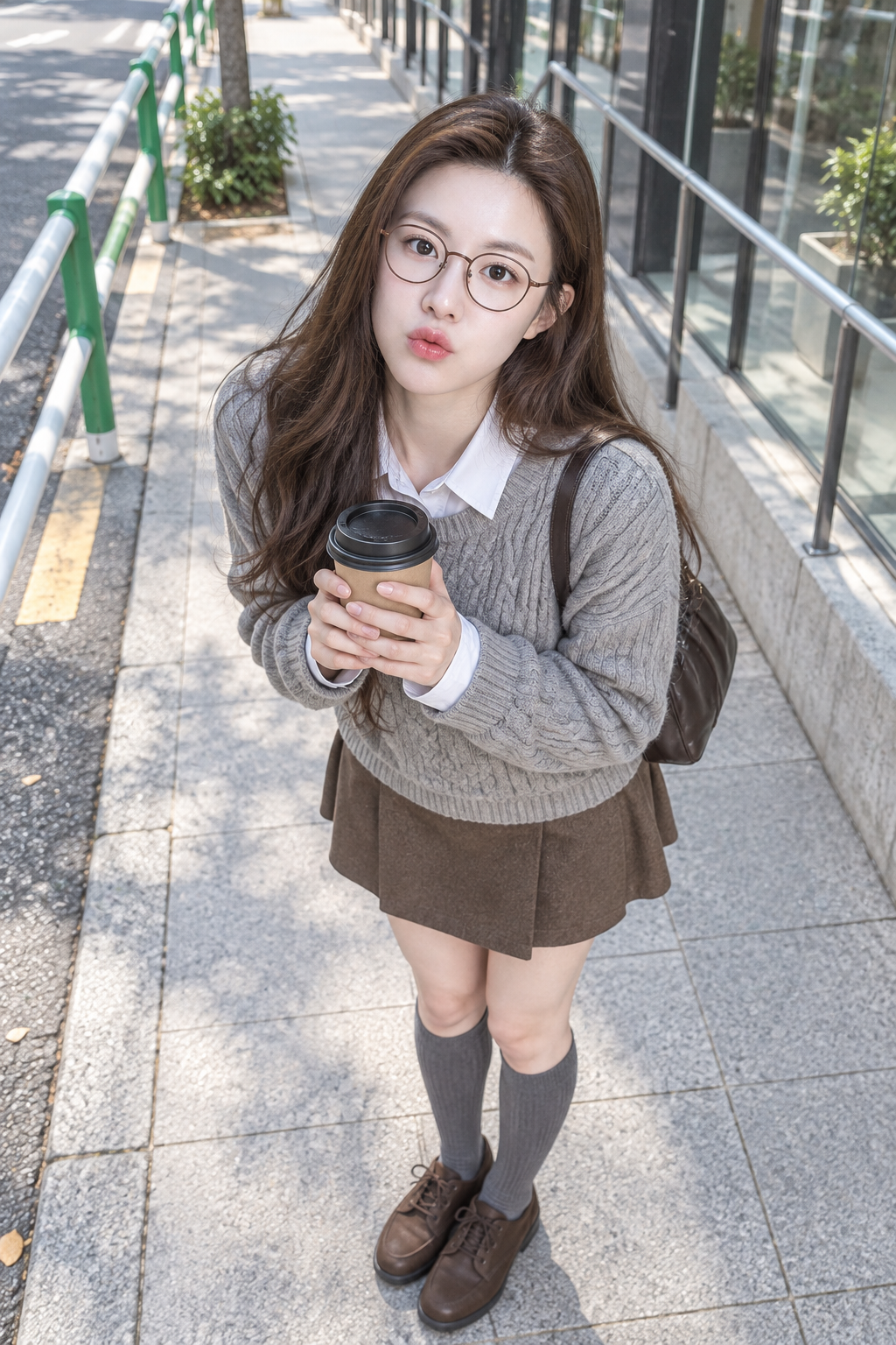 陽射しの街角でコーヒーを手にしたプレッピーなファッションポートレート