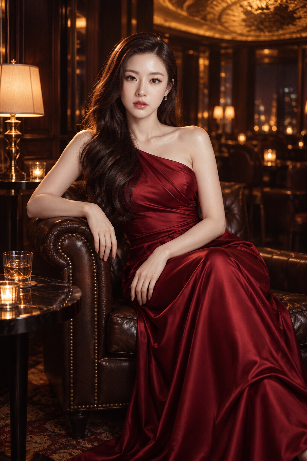 Luxury lounge red satin fashion portrait