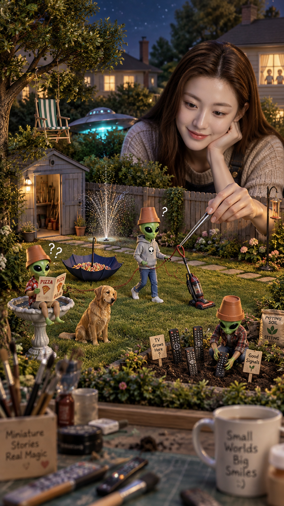 外星人把吸尘器当狗遛的超写实微缩艺术 — AI image creation