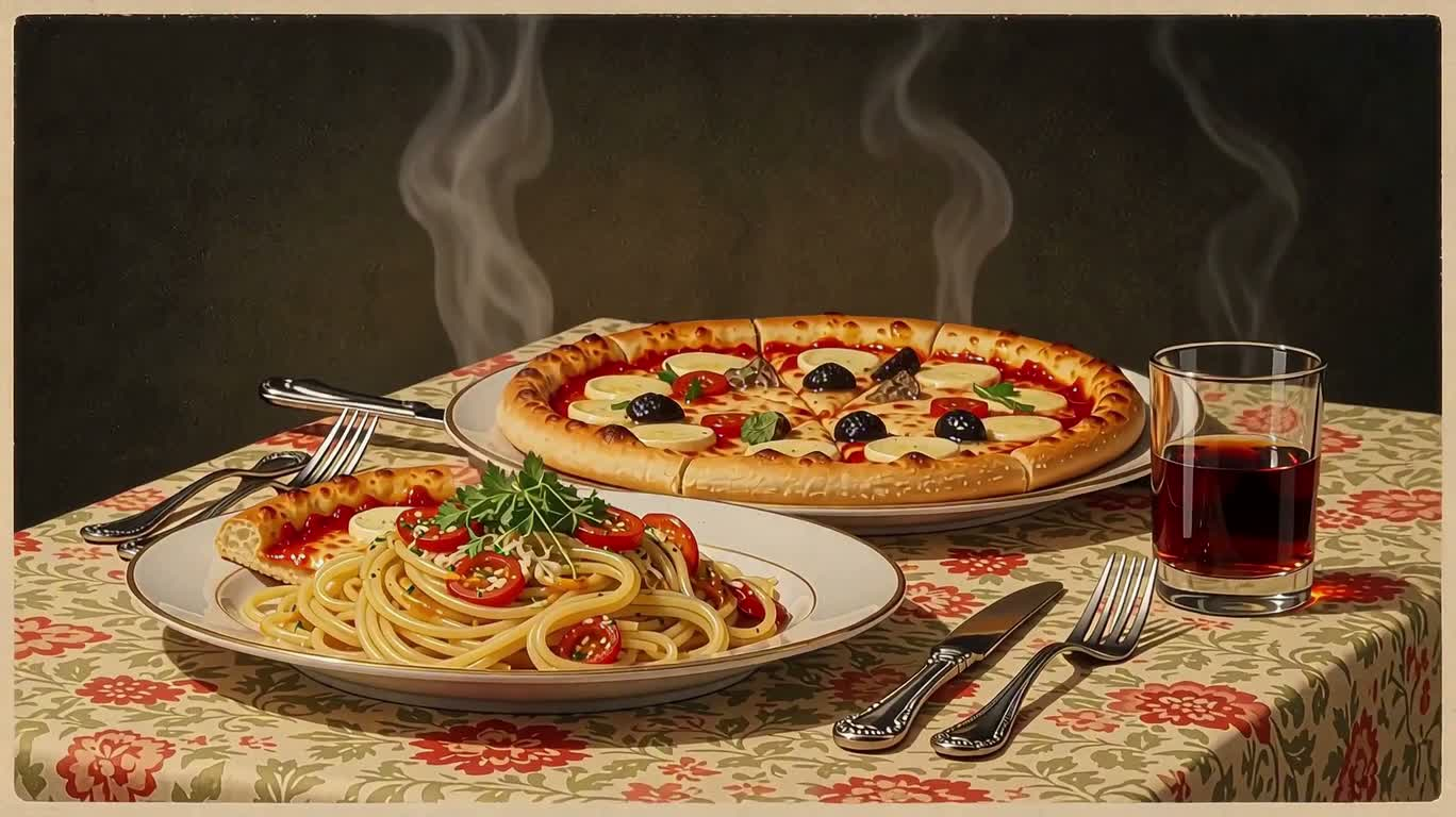 Nature morte publicitaire rétro Showa : pizza et pâtes