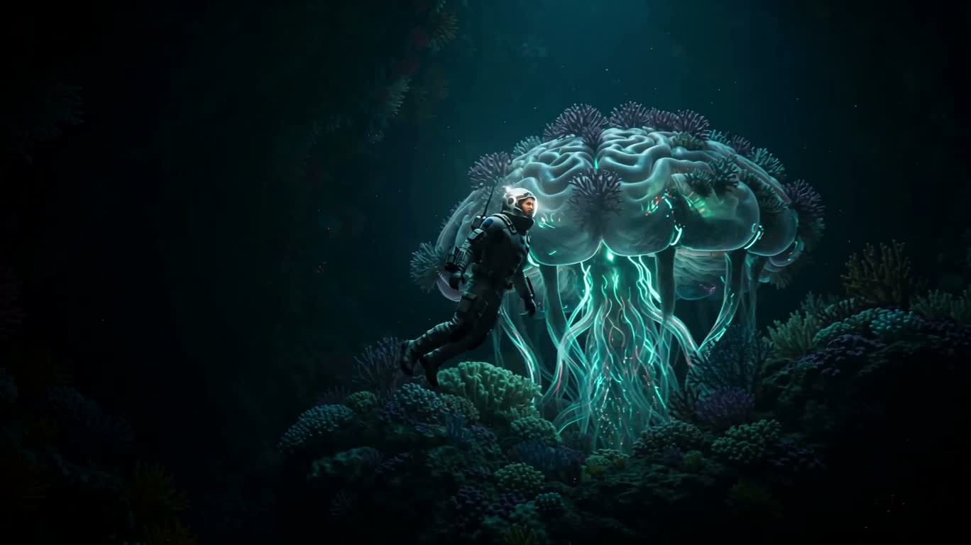 Méduse cerveau de corail et astronaute cybernétique