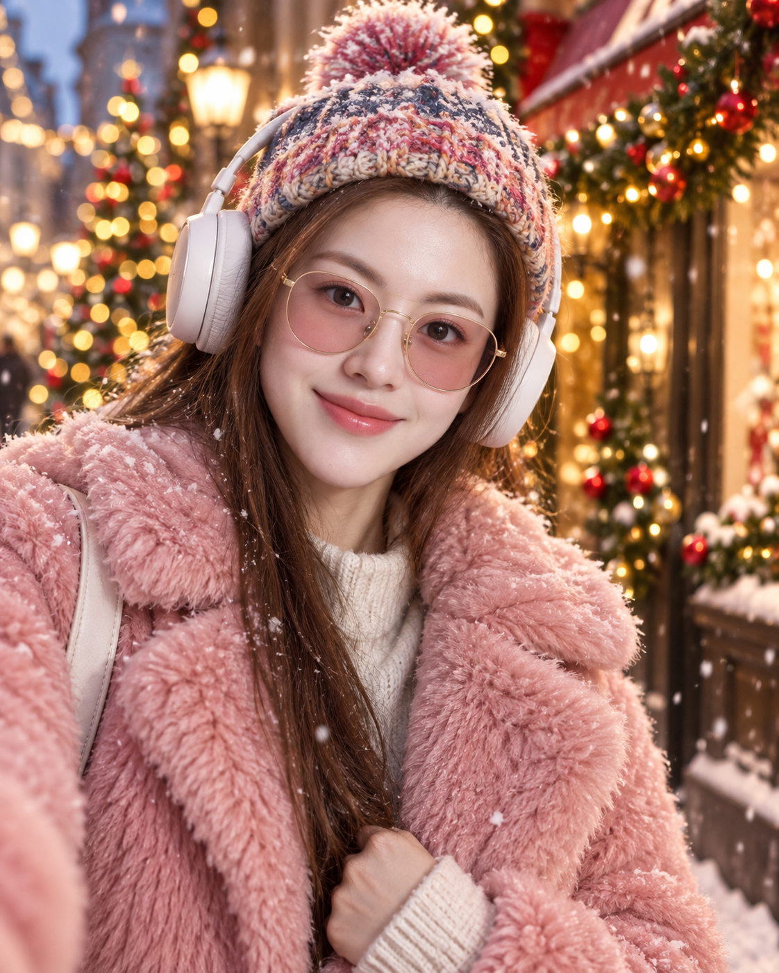 粉色毛绒外套的雪中节日街拍肖像