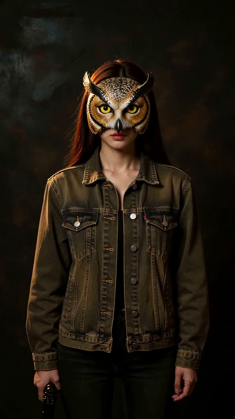 Intimidating Portrait Beneath an Owl Mask