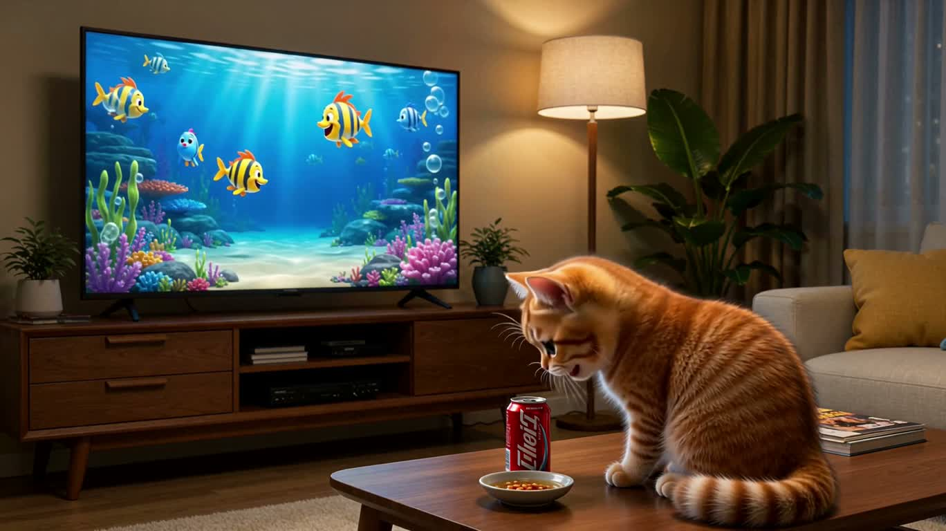 小猫看电视喝饮料