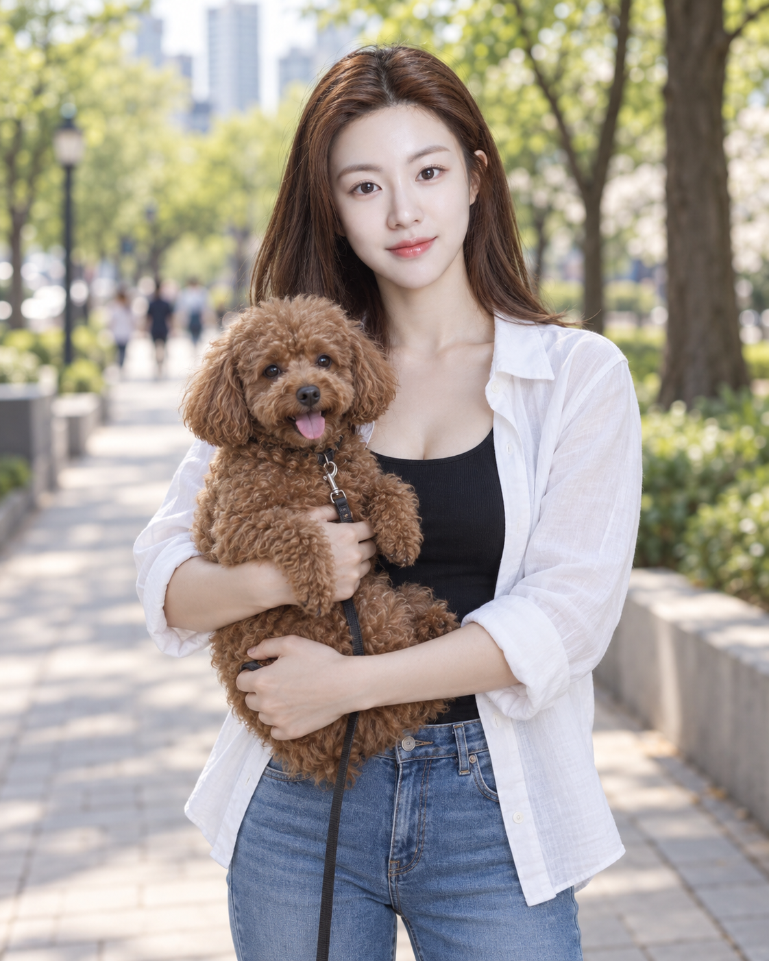 都市公園で赤茶色の巻き毛の犬を抱く成人女性
