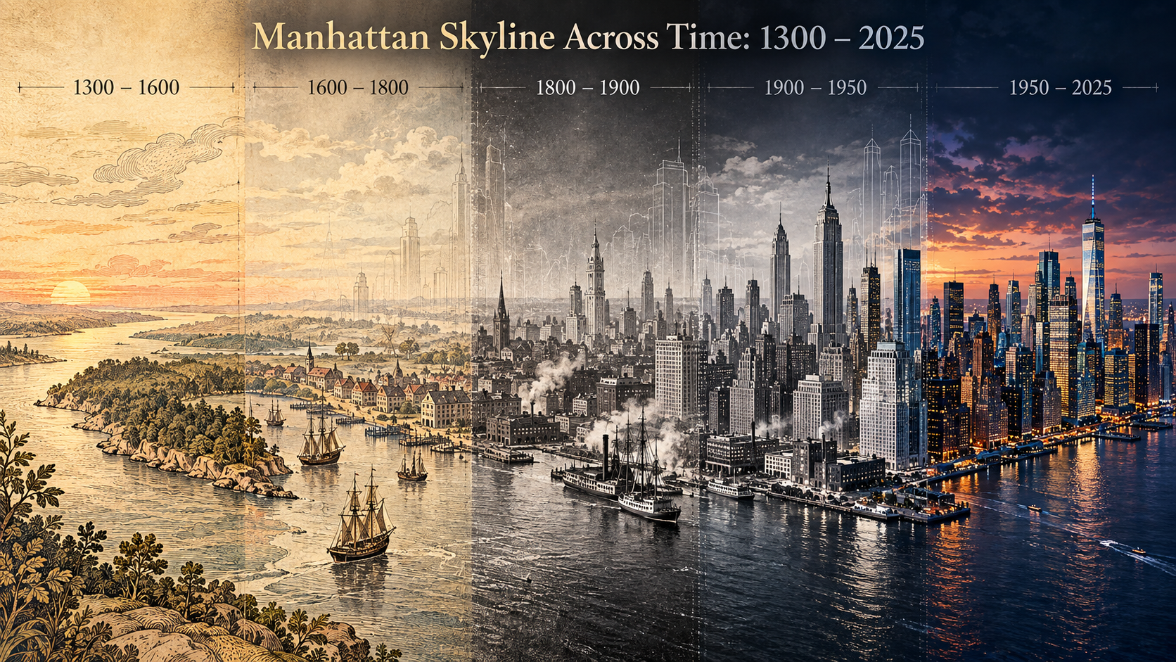 マンハッタン・スカイライン 1300年から2025年へ 時代を超えた三連画