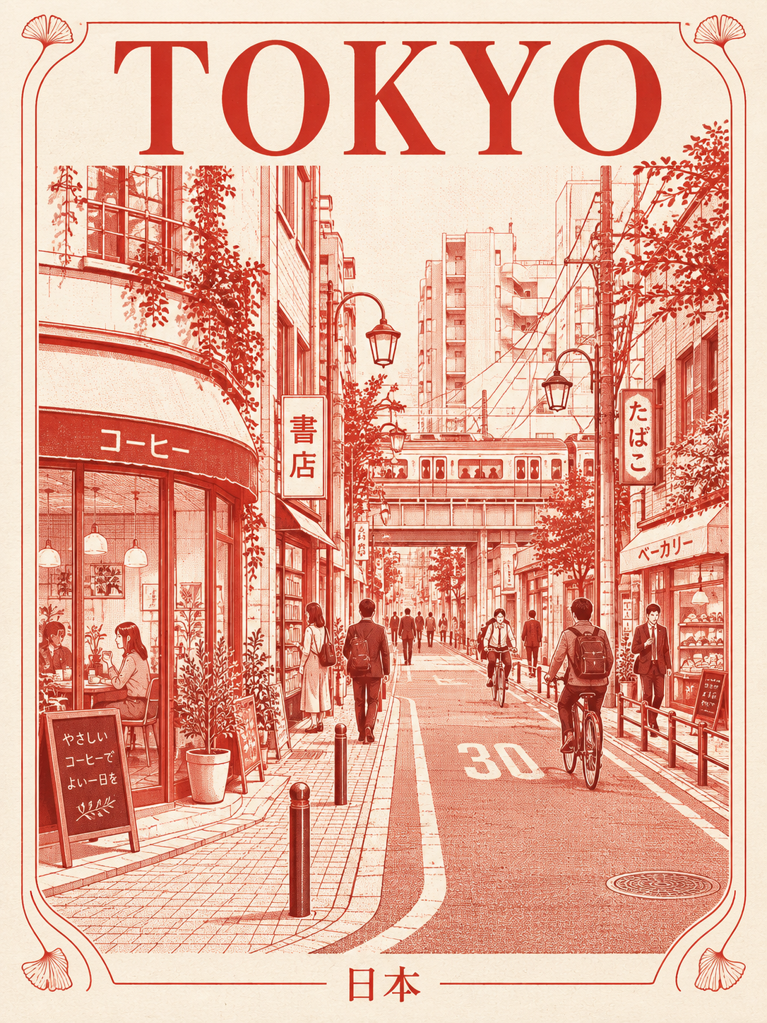 东京日常街景双色线描旅行海报