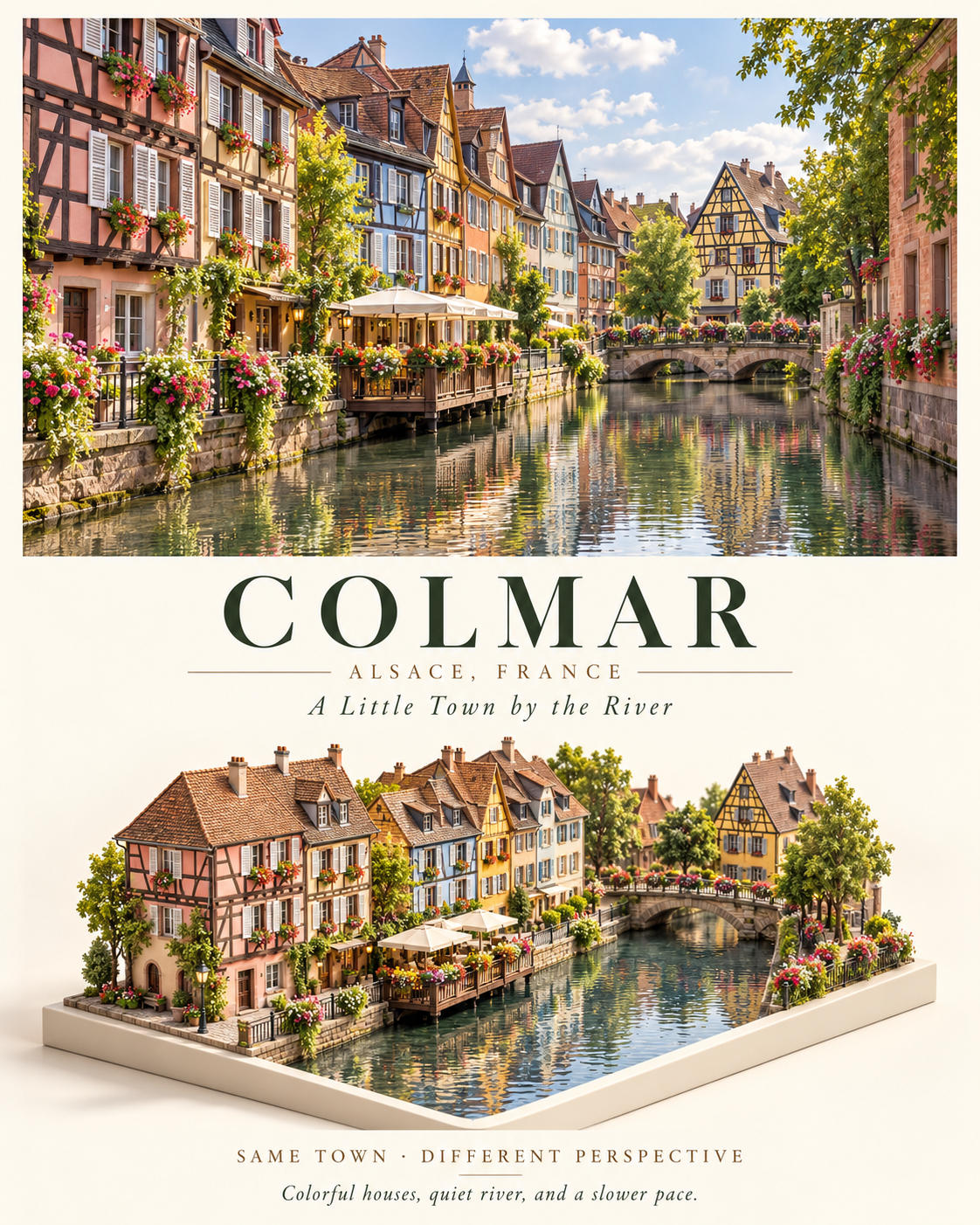 Áp phích du lịch: kênh Colmar thực tế và mô hình kiến trúc thu nhỏ