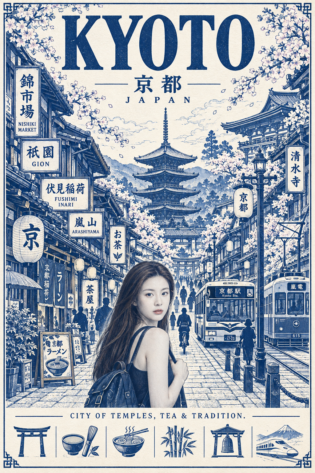 京都の青と白の建築様式トラベルポスター