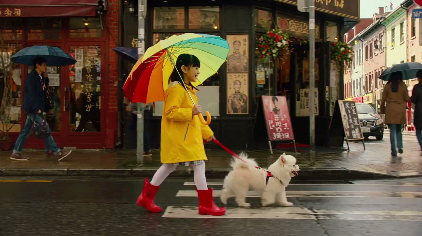 雨上がりの街を虹と歩く