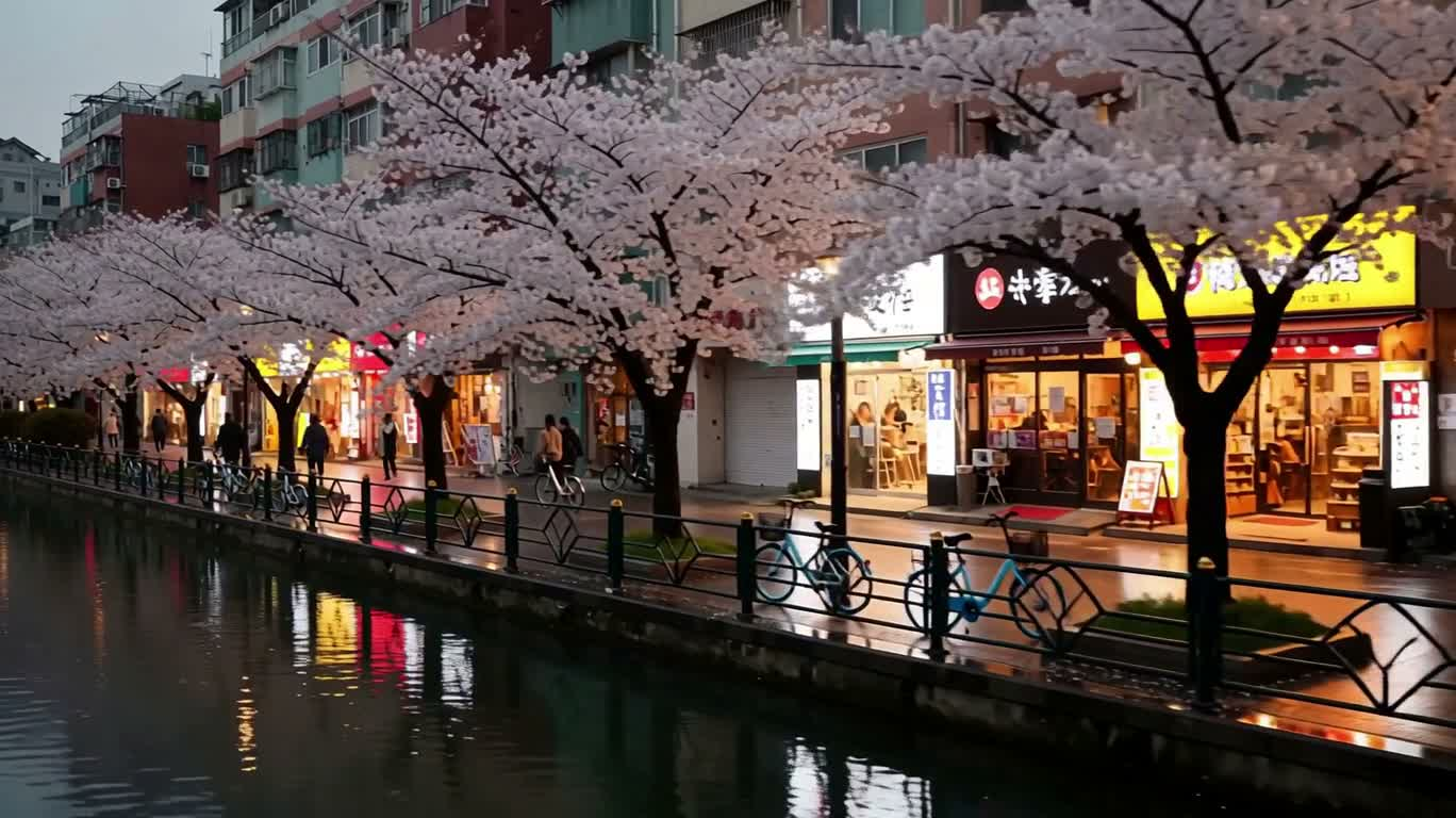 樱花暮色中的城市漫游