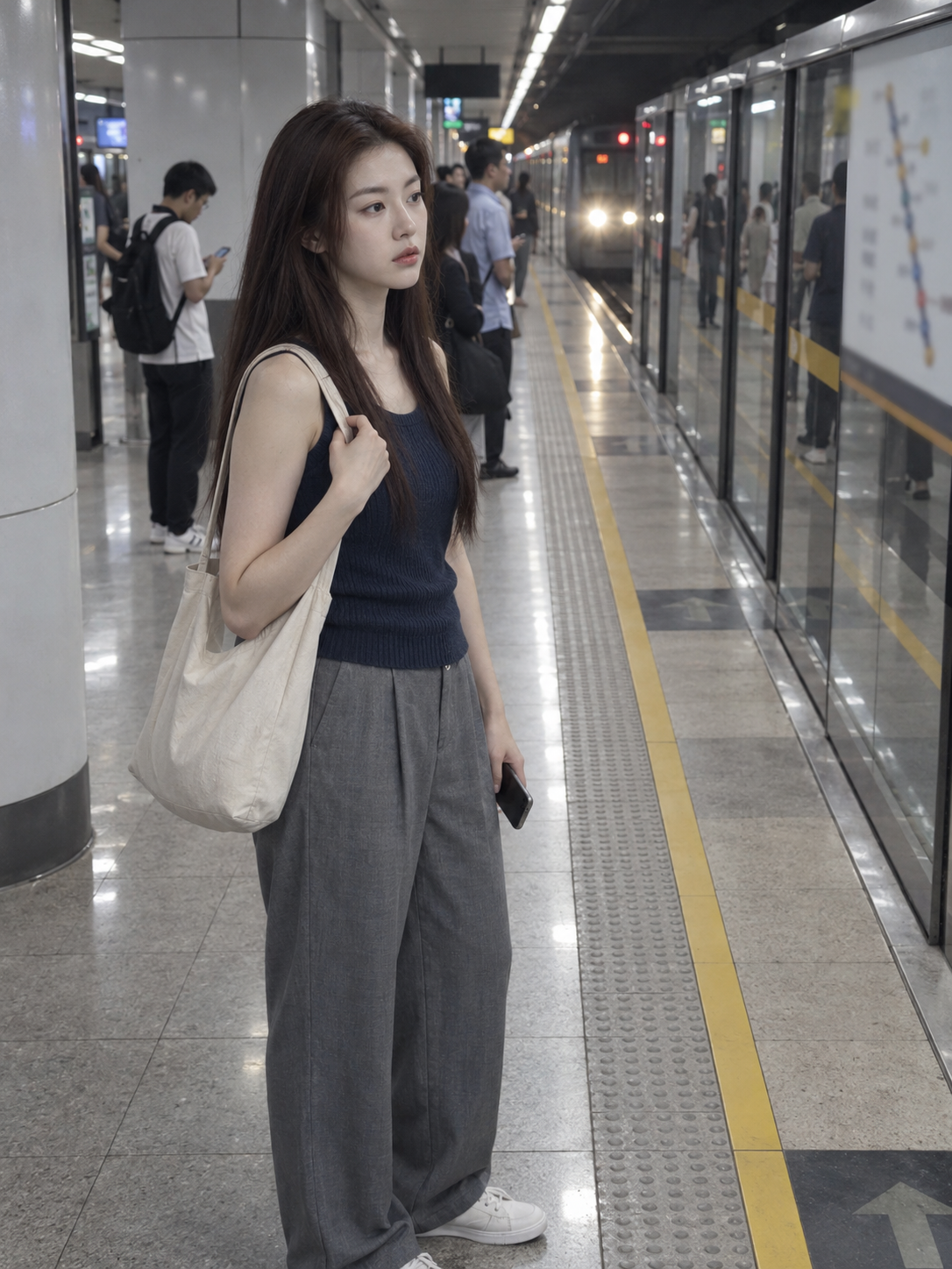地铁站台等车的成年亚洲女性城市抓拍