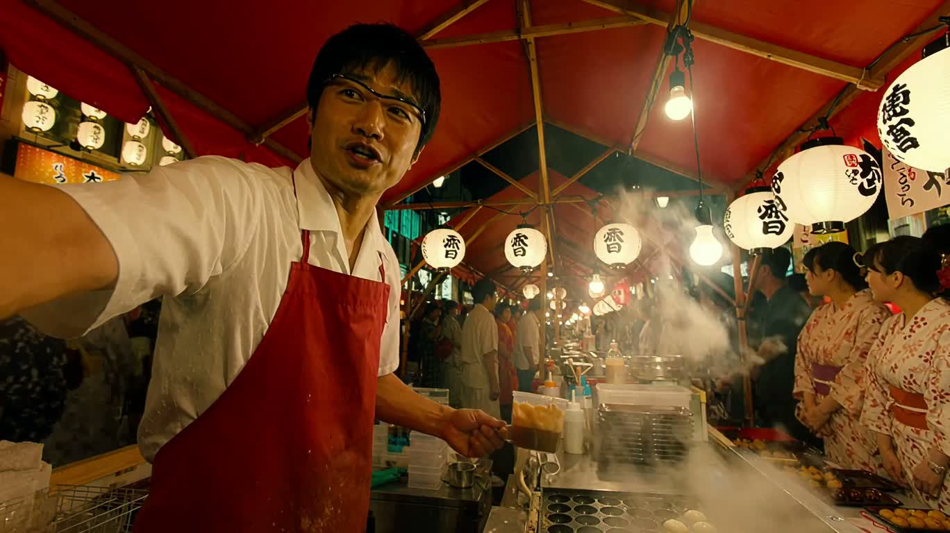 Montage animé d'un stand de takoyaki lors d'une fête d'été