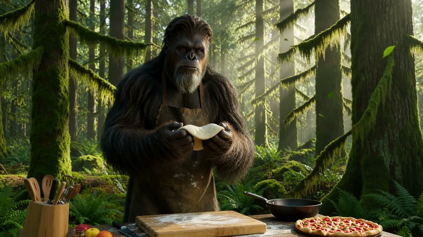 Le maître pizza Bigfoot dans sa cuisine forestière — AI video creation