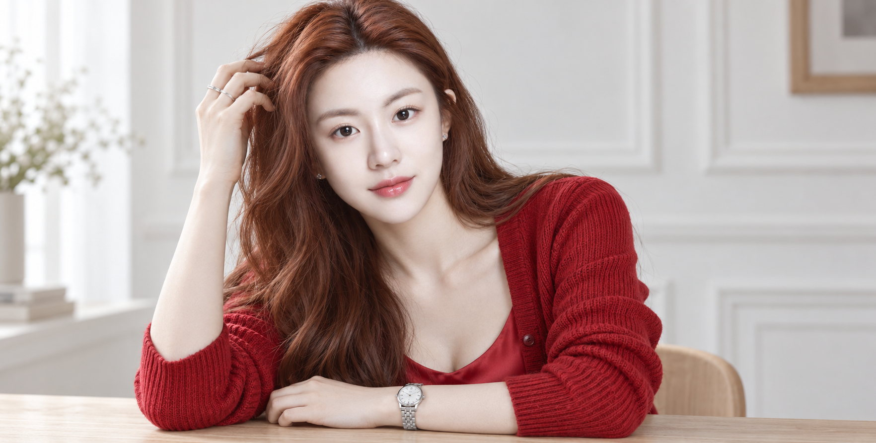 붉은 니트를 입은 성인 여성의 패션 초상화