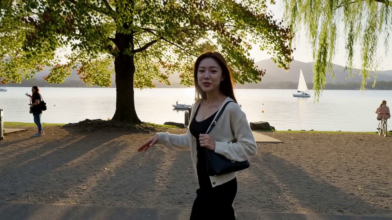 Authentic Companionship Dialogue Under Golden Light by the Lake